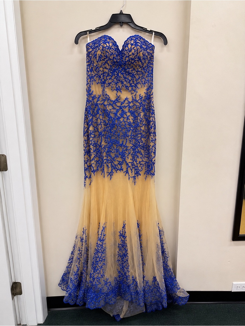 Strapless Royal Blue and Nude Lace Mermaid Prom Dress